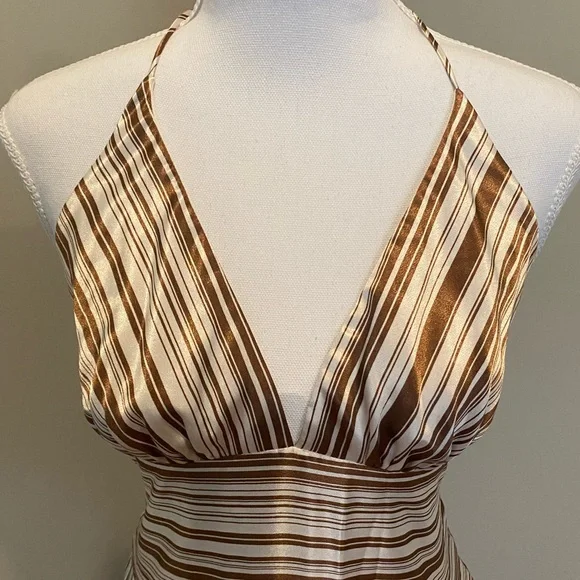 Satin-Like, Brown and White Striped Dress with Halter Top - Picture 3 of 8